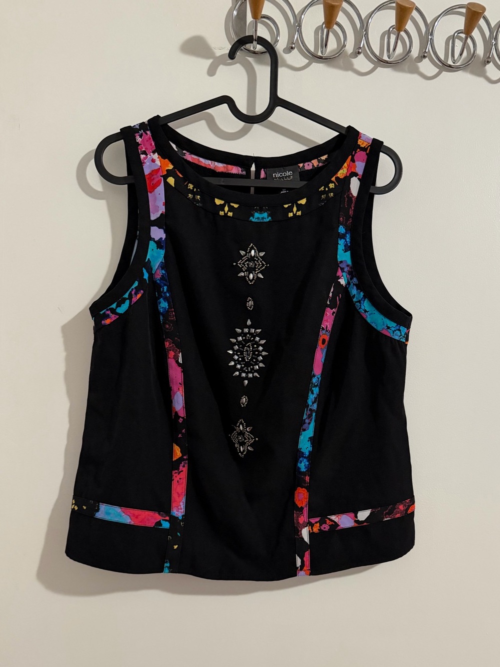 NIC+ZOE Black Tank Top with Multicolor Floral Trim